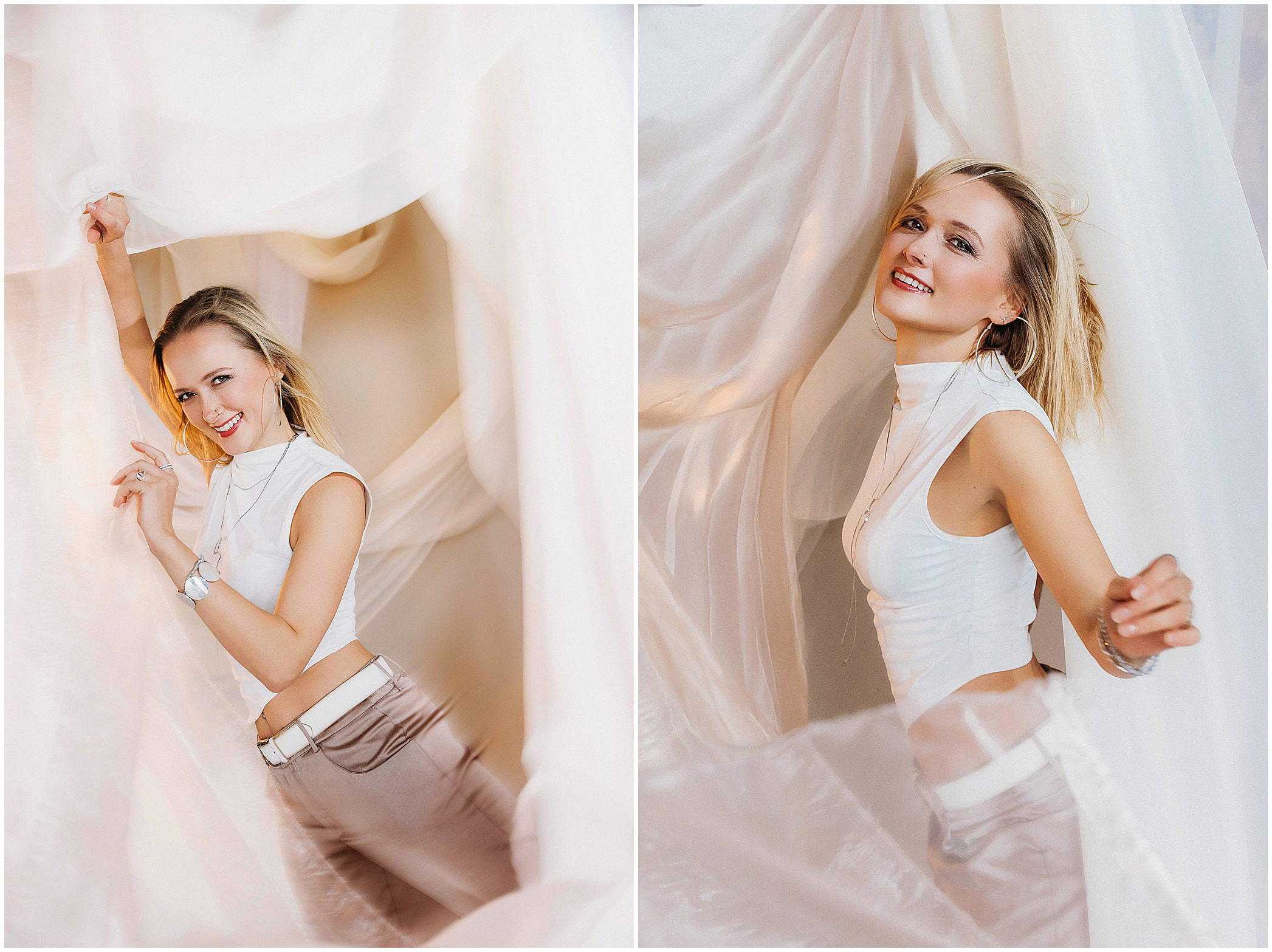 Tanzlehrerin Gabi vor fließenden Seidentüchern beim Personal Branding Shooting