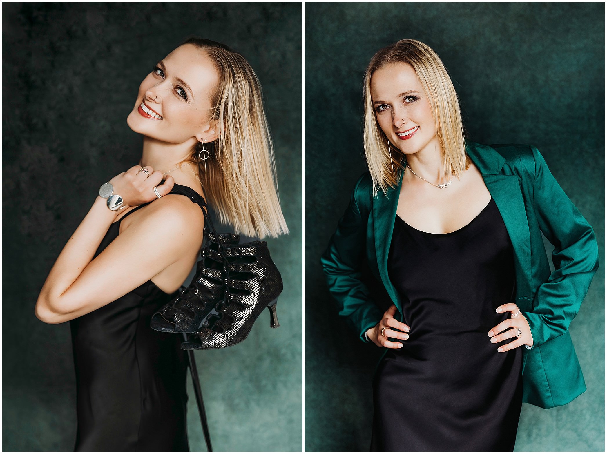 Gabi im schwarzen Kleid mit Tanzschuhen über der Schulter, lachend in die Kamera
