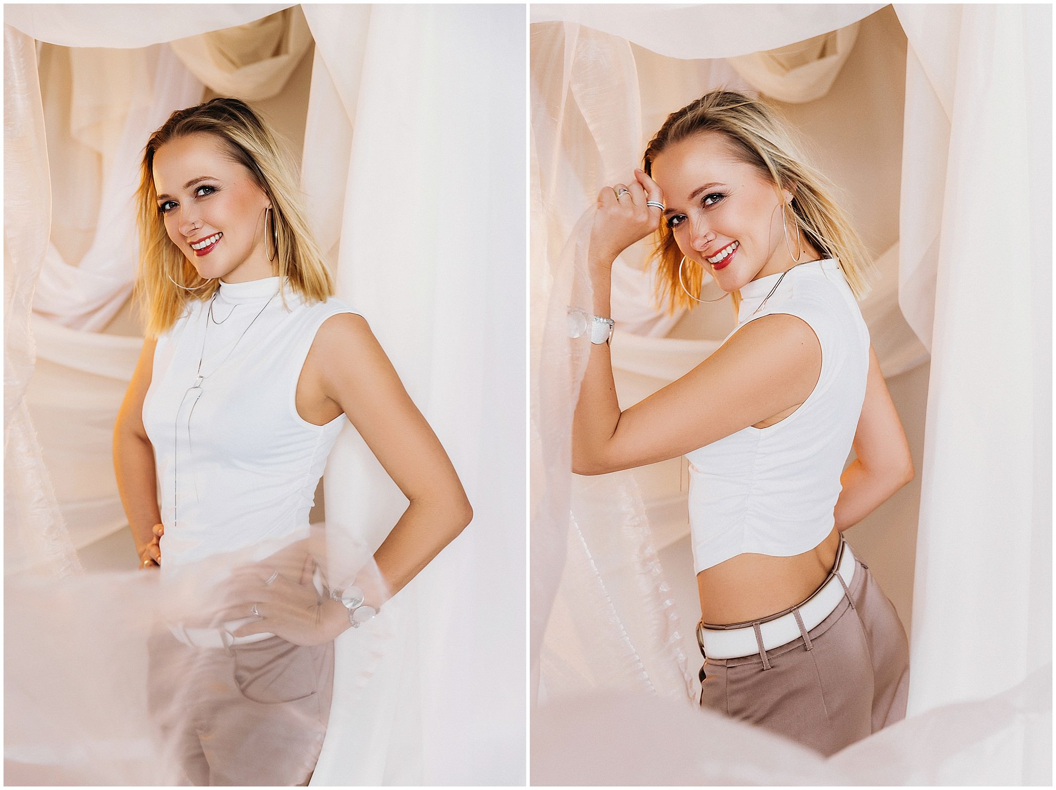 Tanzlehrerin in Bewegung zwischen wehenden Tüchern beim Branding Shooting